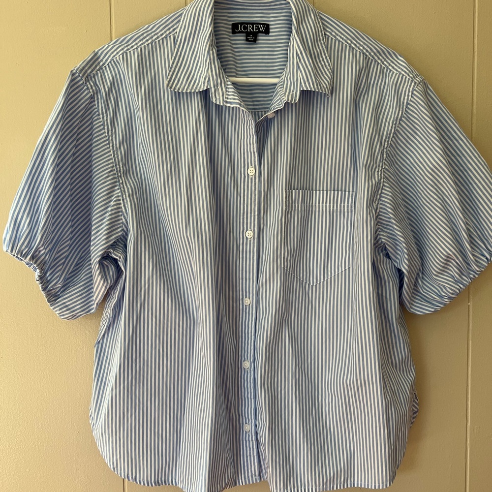 J. Crew Blue & White striped blouse. L. XL. Button Down Shirt. Size 14. - Picture 13 of 14